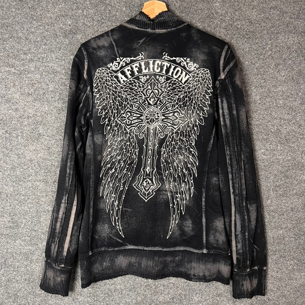 Affliction Track Jacket Mens L Black Good Y2K Winged Cross Acid Wash Distressed